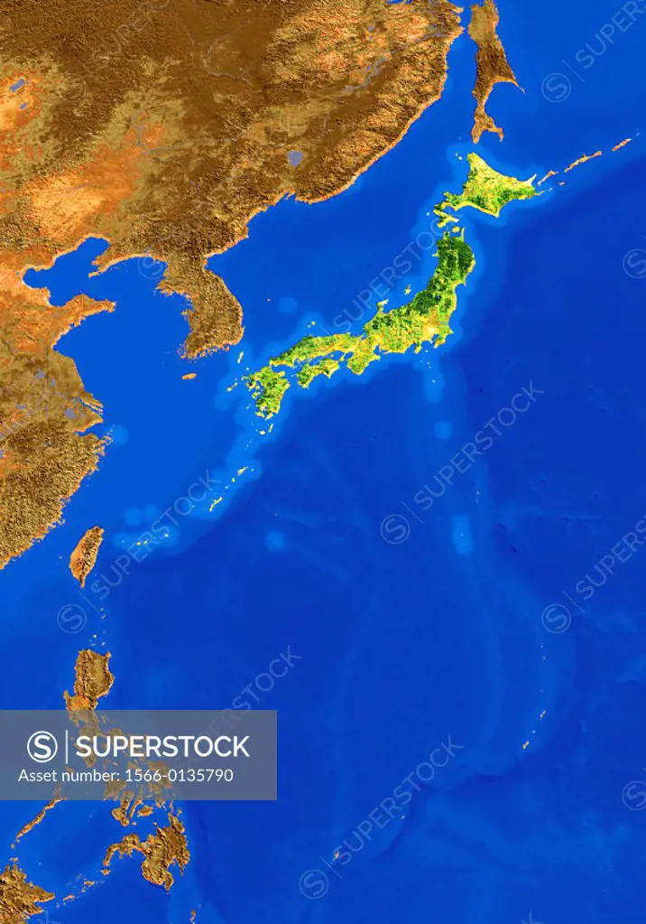 A satellite image map highlighting Japan and showing China, N. Korea, S. Korea, China, Taiwan, and the Phillip pines
