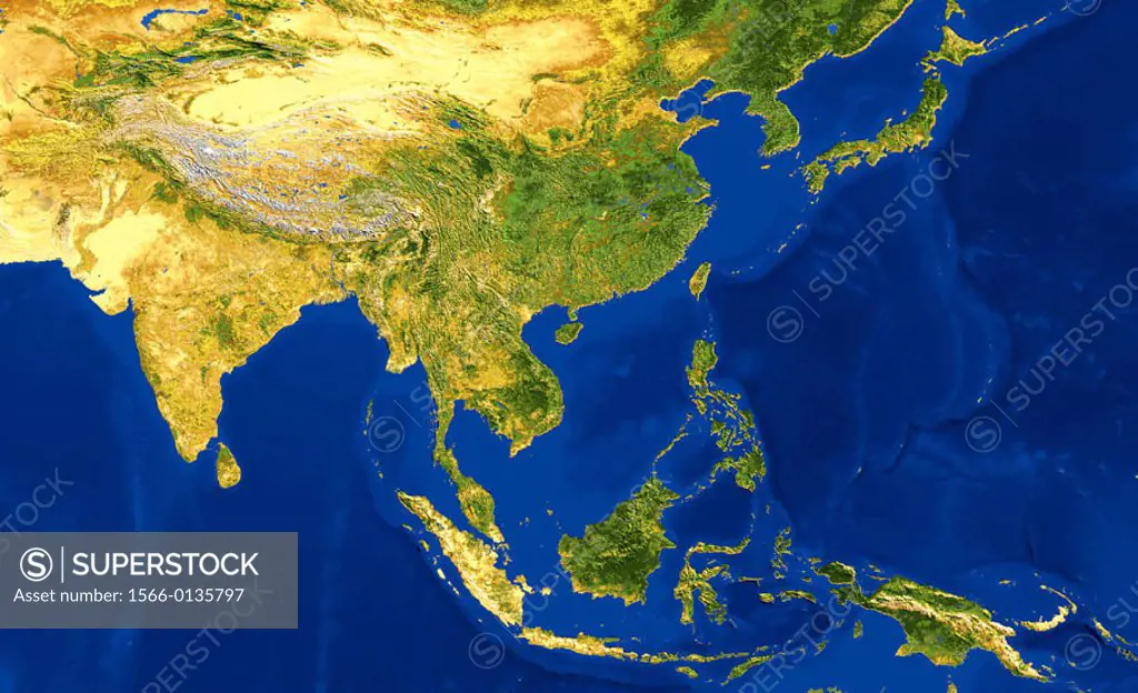 AVHRR natural colour satellite image of Indonesia, China, India and Japan with shaded topographic relief
