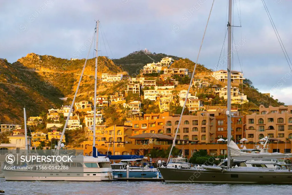 Marina with boats in early morning, homes on hillside, early morning light. Cabo San Lucas, Mexico
