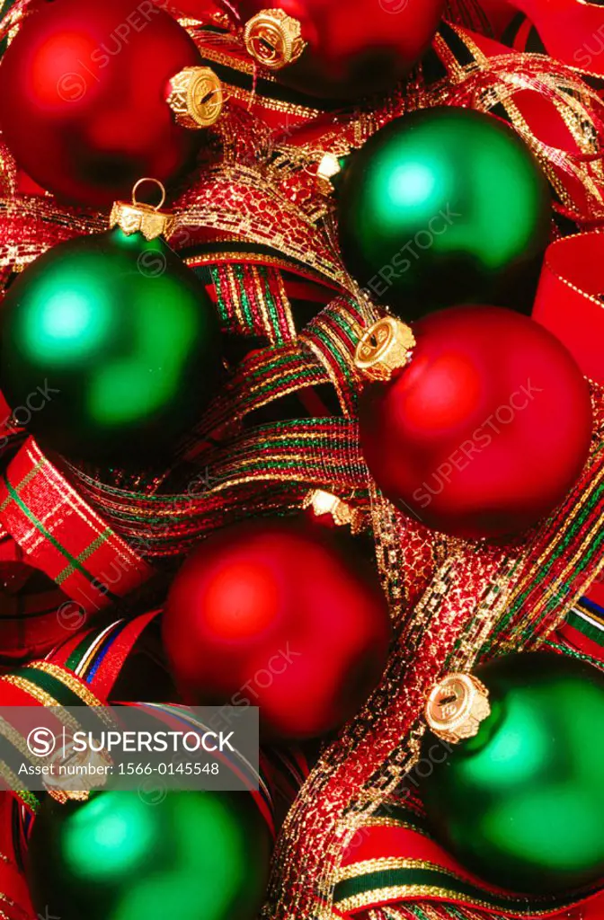 Christmas ornaments and ribbon