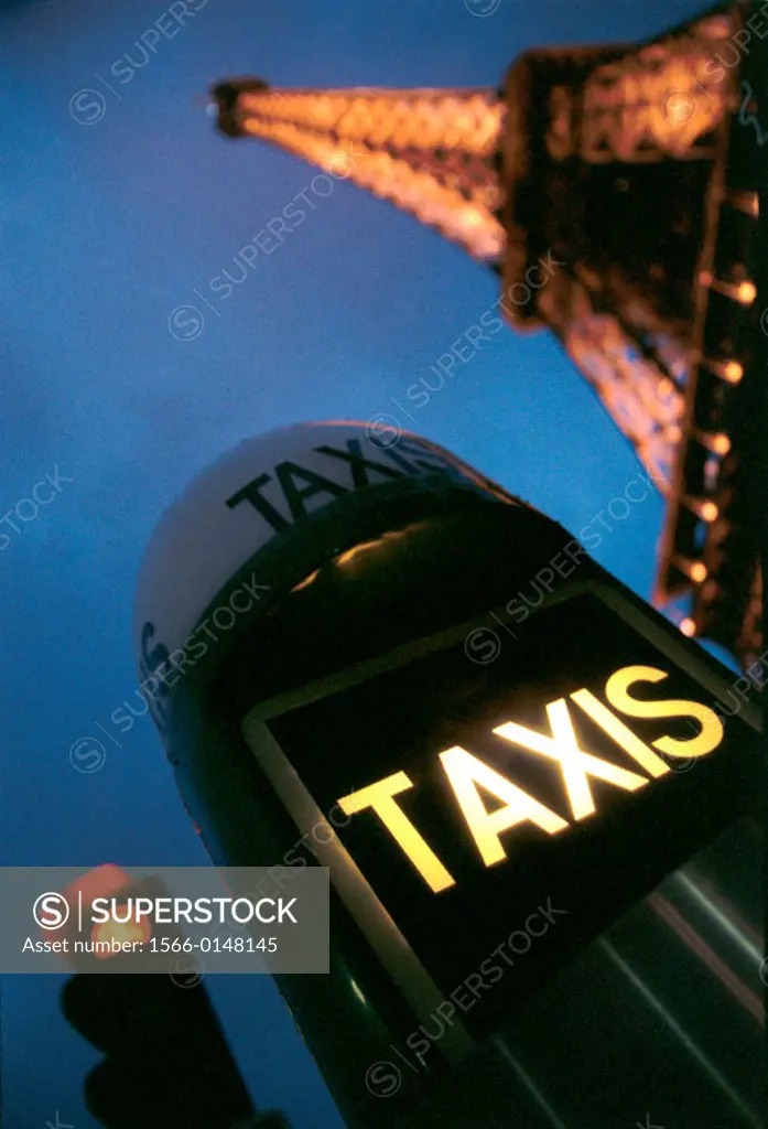 Cab stand and Eiffel Tower. Paris. France