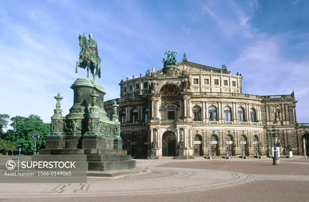 Semper Opera and equestrian statue of King Johann of Saxony in Theaterplatz. Dresden. Germany