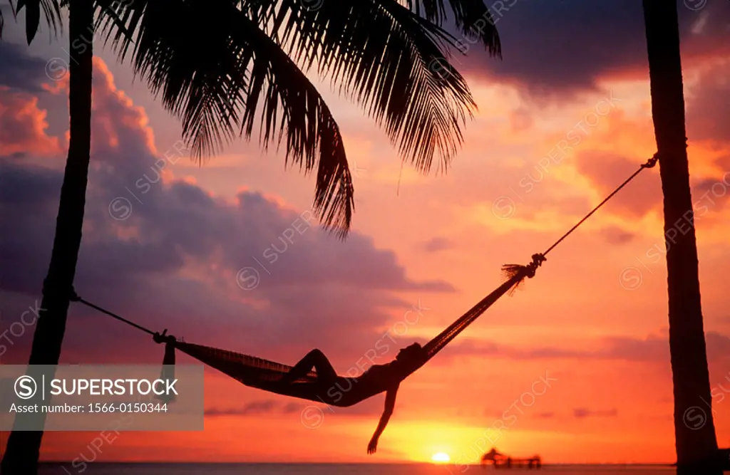 Woman asleep in hammock against palm trees and tropical sunset sky