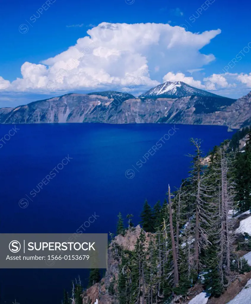 Cumulus clouds rise over lake. Crater Lake National Park. Oregon. USA