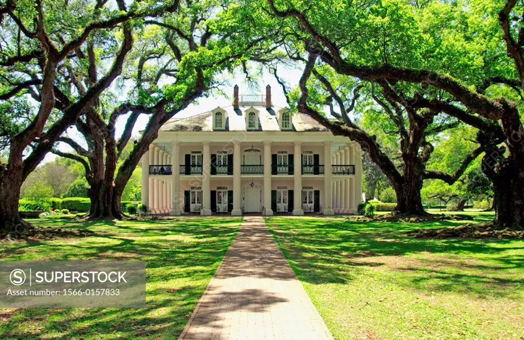 Oak Alley Plantation home with live oaks trees in rural Louisianna, USA