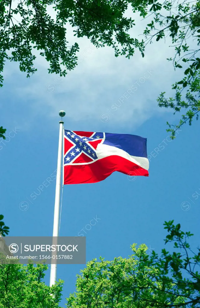 Mississippi state flag flying in the breeze.