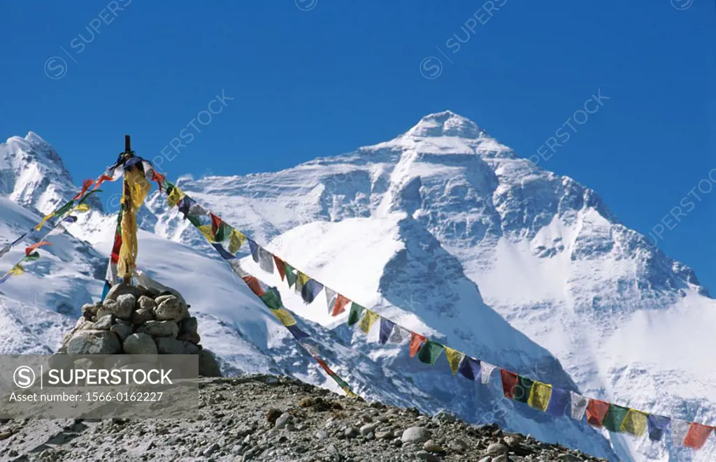Prayer flags at the foot of Mount Everest. Tibet.