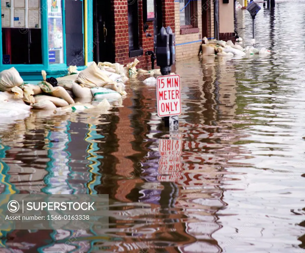 Sandbags in a flooded street after a hurricane in Annapolis. Maryland. USA