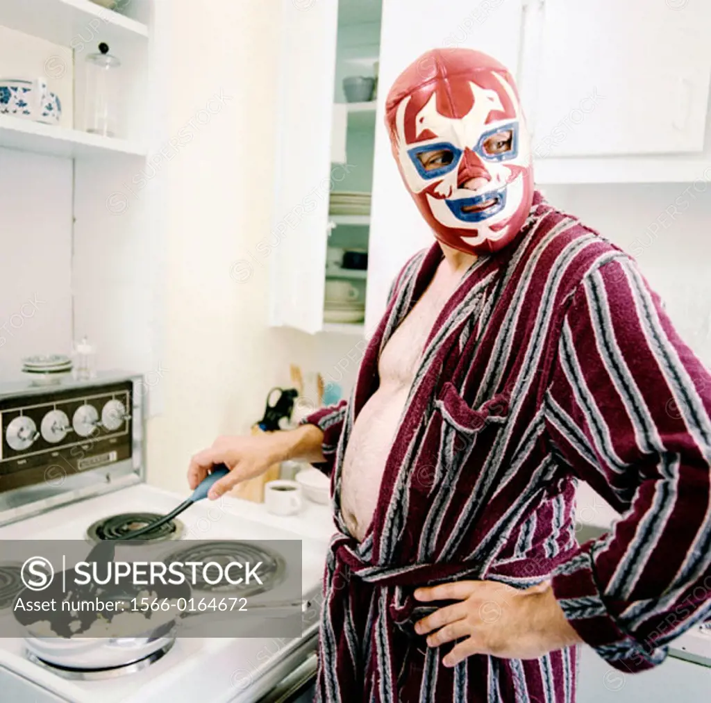 Wrestler in kitchen