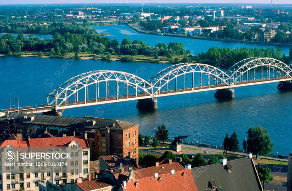 Daugava river and railroad bridge. Riga. Latvia