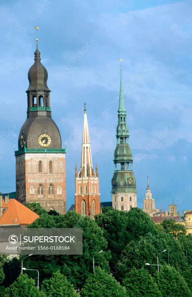 Church towers in Riga: (left to right) Cathedral, Anglican Church and St. Peter´s Church