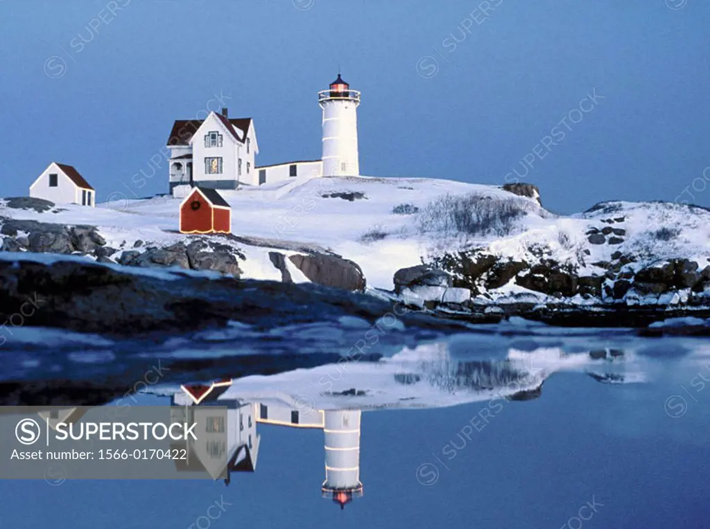 Nubble Lighthouse at Christmas time, Maine, USA
