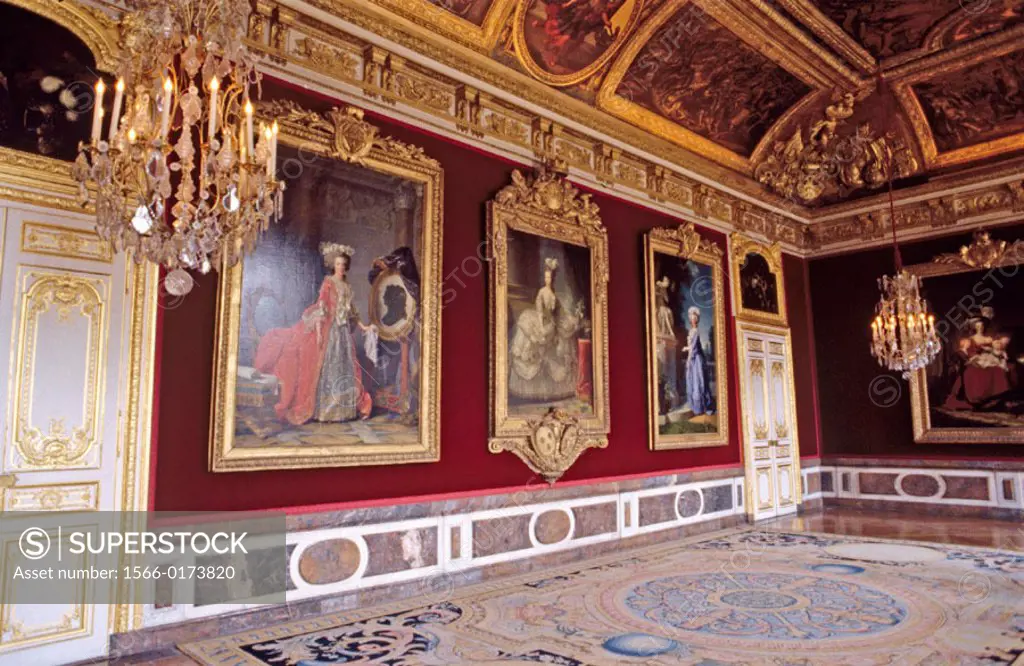 Chandelier and paintings. Royal Apartments (Louis XIV). Palace of Versailles. France