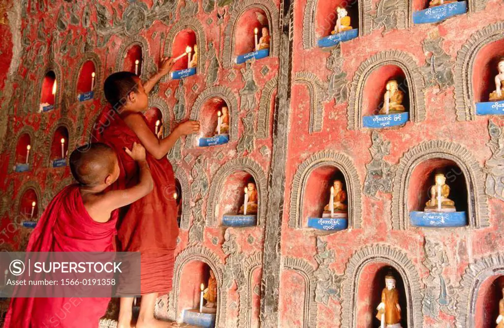 Novice monks in temple. Inle Lake. Shan State. Myanmar.
