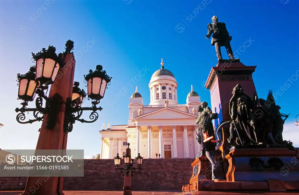 Statue of Alexander II and Lutheran Cathedral. Helsinki. Finland
