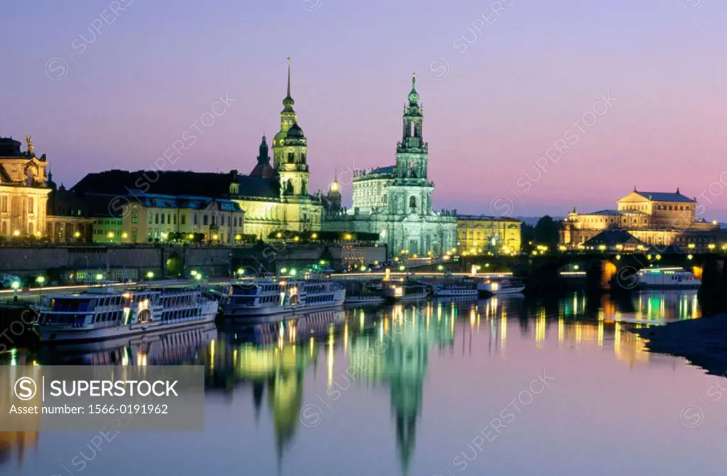 Dresden, Elbe river with Palace, Hofkirche and Semper Opera at night. Dresden, Saxony. Germany.