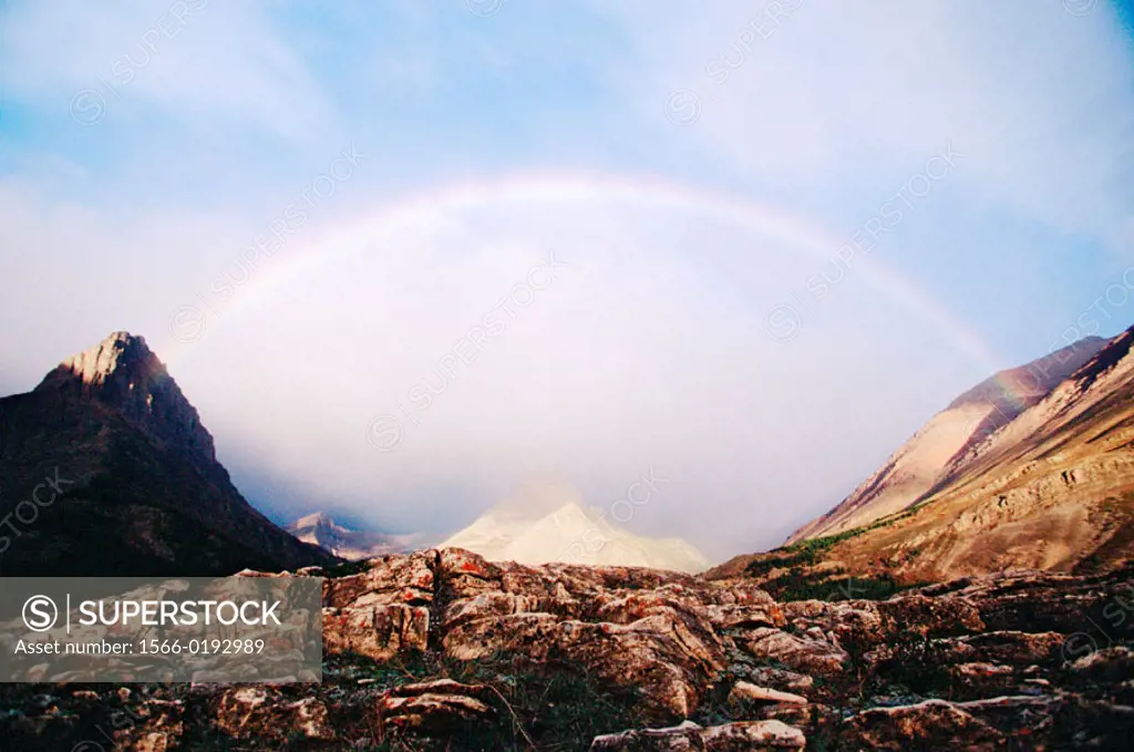 Grinnell Point, Mount Wilbur and rainbow, Glacier National Park. Montana, USA