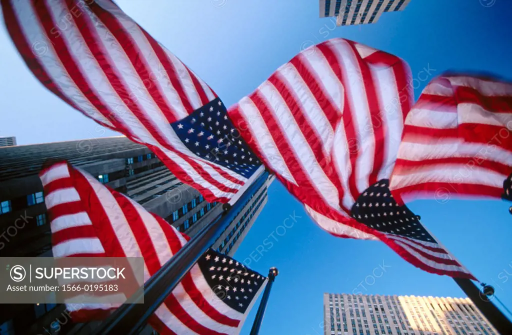 American flags and Rockefeller Center, New York City. USA