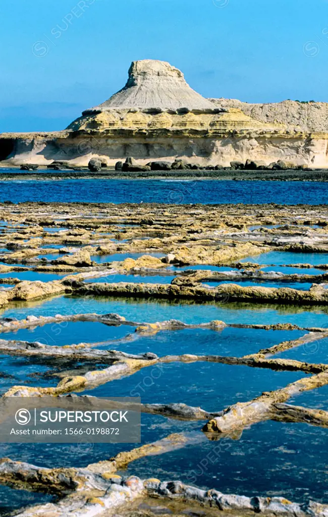 Salted marshes carved in the rock. Gozo island. Malta.