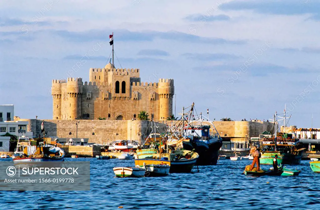 The Alexandria bay with Quaitbay fortress at back. Alexandria. Egypt