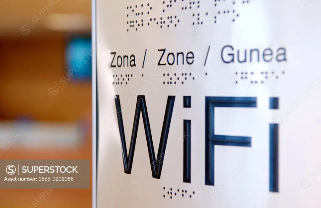 Sign for WIFI zone. Wireless communication net. Offices. Gipuzkoa, Euskadi. Spain.