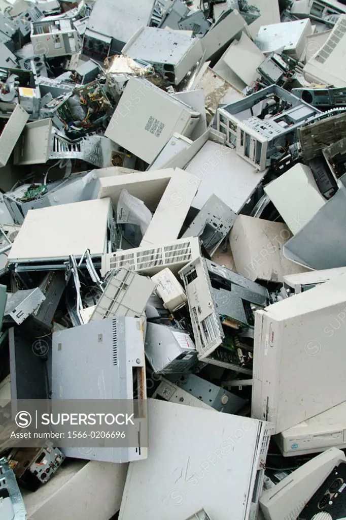 A mountain of computers. Giant recycling plant, Ronnskarsverken, where metals are separated and recycled. The plant is one of Europe´s few copper recy...