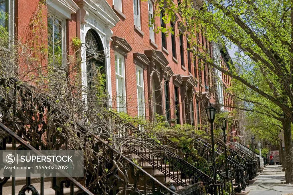 St. Luke´s Place. Brownstone buildings at springtime. Greenwich Village. Manhattan. New York city. USA.
