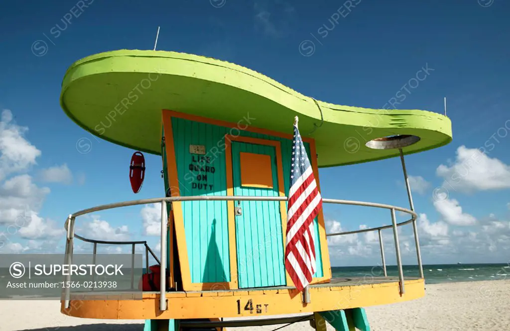 Usa. Florida. Miami Beach. South Beach. Art deco district. Lifeguard post in south beach