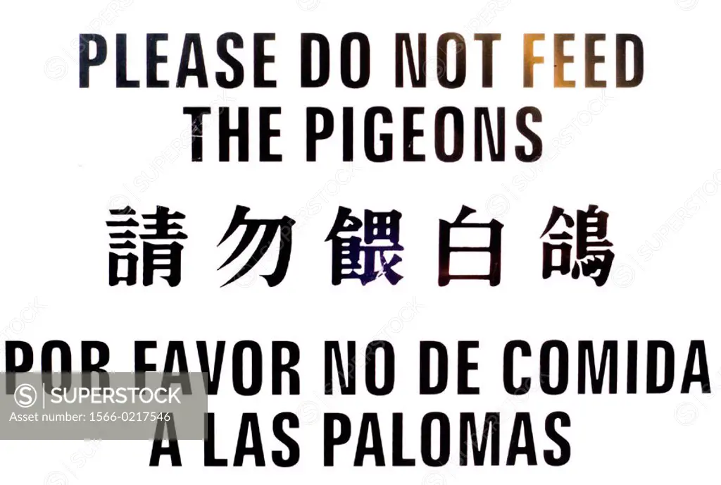 Sign ´Please do not feed the pigeons´ in English, Spanish and Chinese. San Francisco, California. USA.
