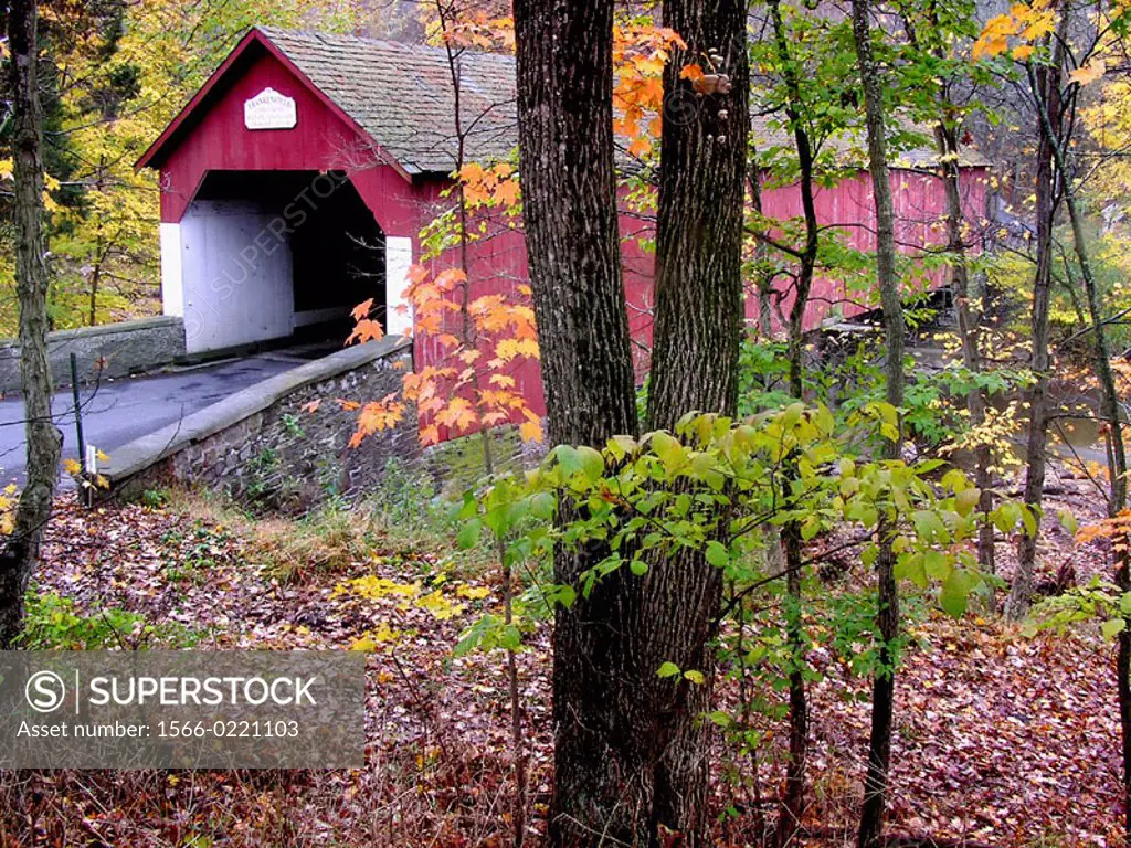 Tucked away in the Pennyslvania countryside, a covered bridge is surrounded by autumn foliage. Tinicum Township, Upper Bucks County