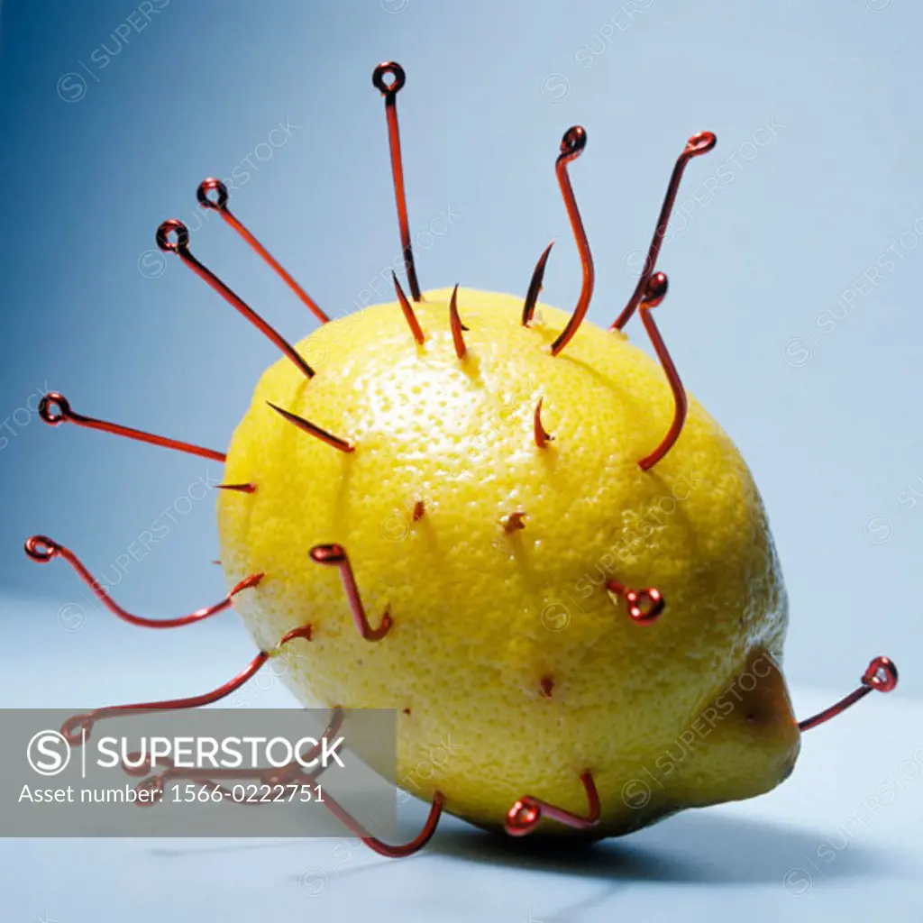 One lemon with many sharp red shish hooks pierced through the fruit