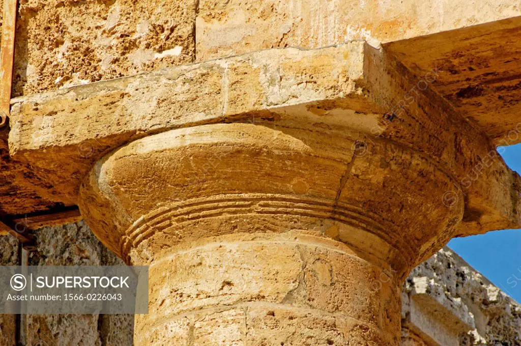 Doric capital. Temple of Segesta built 5th century AD in classical doric style probably by the greek. Sicily. Italy