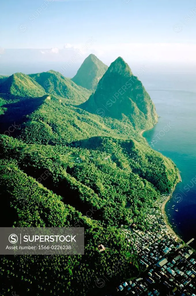 Aerial of Petit Piton Grand Piton and Soufrière bay. Saint Lucia . British West Indies (Caribbean)