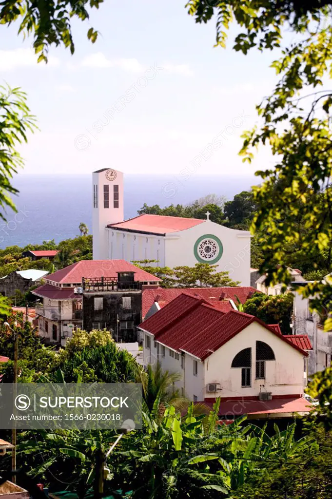 French West Indies (FWI), Guadeloupe, Basse-Terre, Trois-Rivieres: Town View with Church