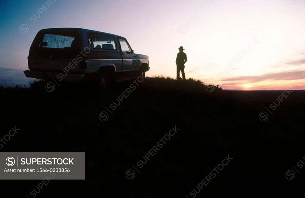 Rancher, his van and his ranch. Montana, USA