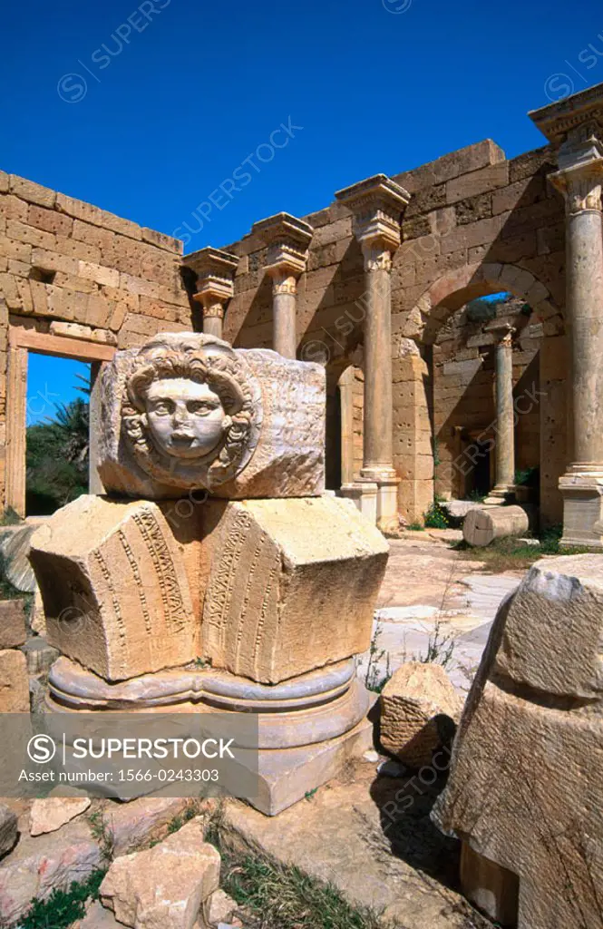 Gorgon´s head in Severan new forum, ruins of Roman major city. Leptis Magna. Libya
