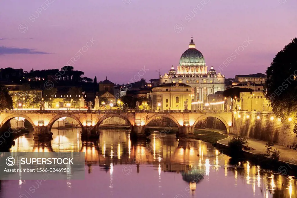 Sant´Angelo Bridge and St. Peter´s Basilica in background, Rome. Lazio, Italy