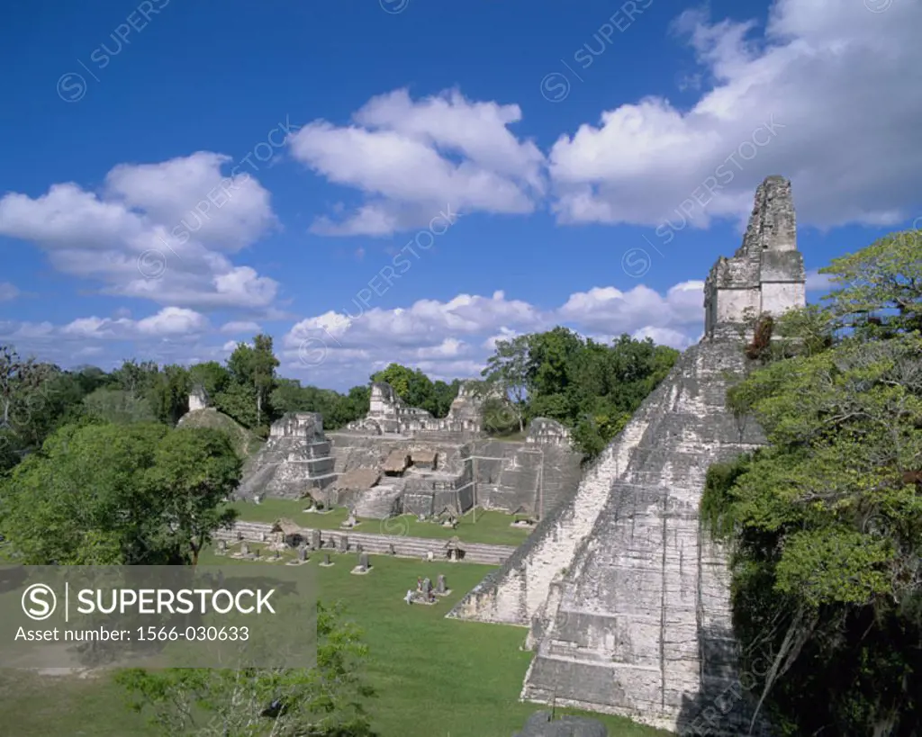Great Plaza and Temple of the Giant Jaguar (Temple I). Mayan ruins of Tikal. Guatemala