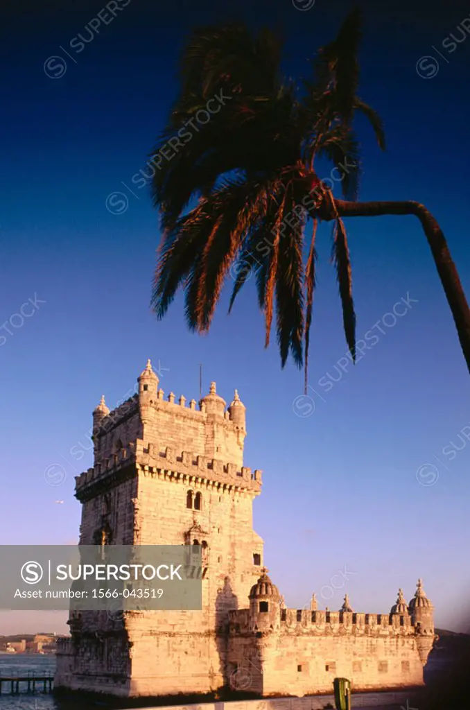 Belem Tower and palm at dusk. Lisbon. Portugal