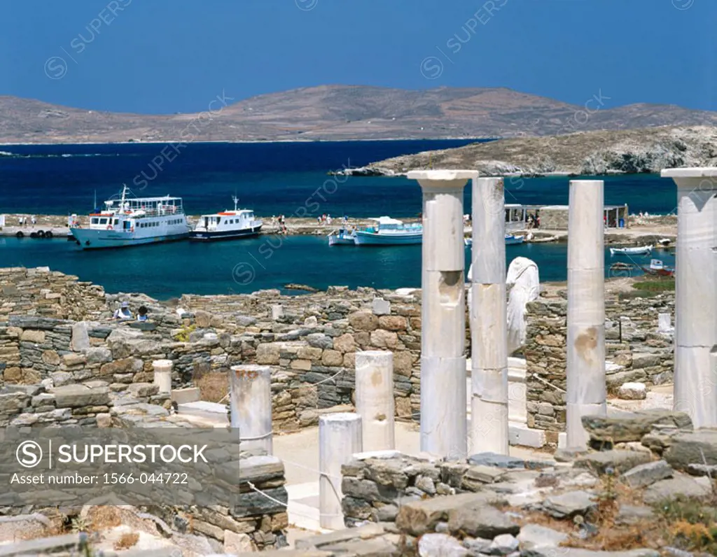 The harbor from the old city. Delos. Greece