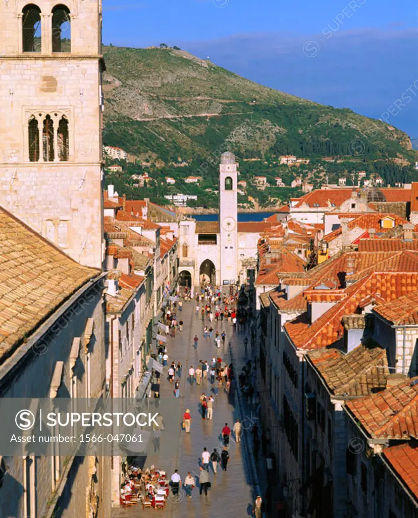 ´Stradun´, main street with Franciscan monastery church belfry at fore. Dubrovnik. Croatia