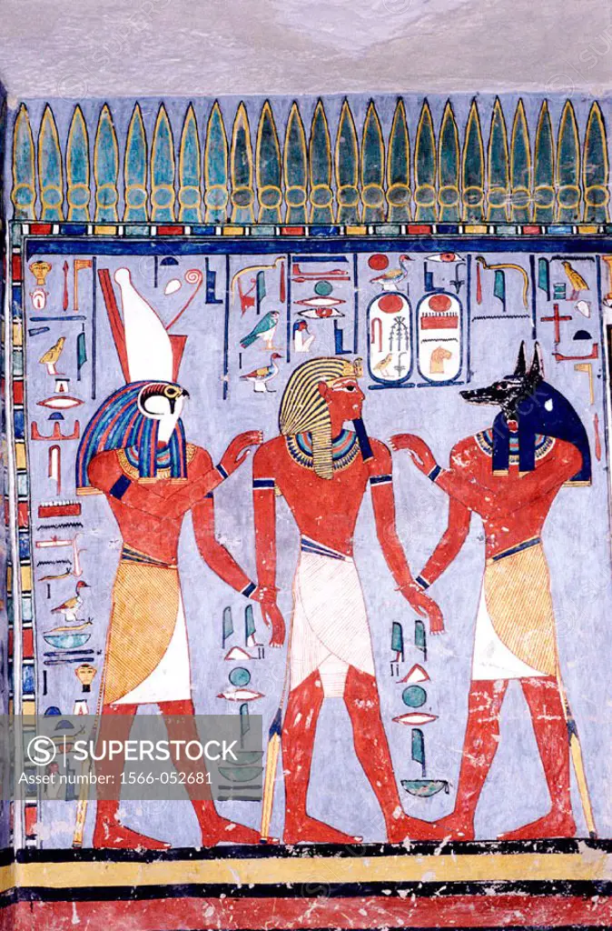 Mural painting of pharaoh Ramses II between Horus and Anubis at tomb. Valley of the Kings. West Bank. Luxor. Egypt