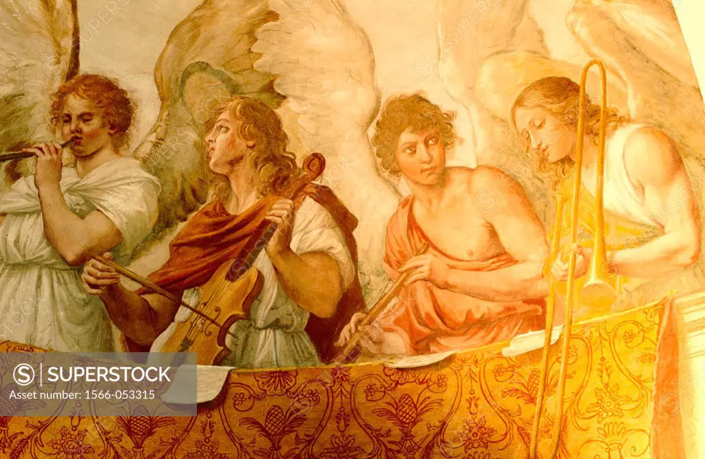 Detail of angels musicians: fresco by Guido Reni on apse of Santa Silvia oratory, church complex of San Gregorio Magno. Rome. Italy