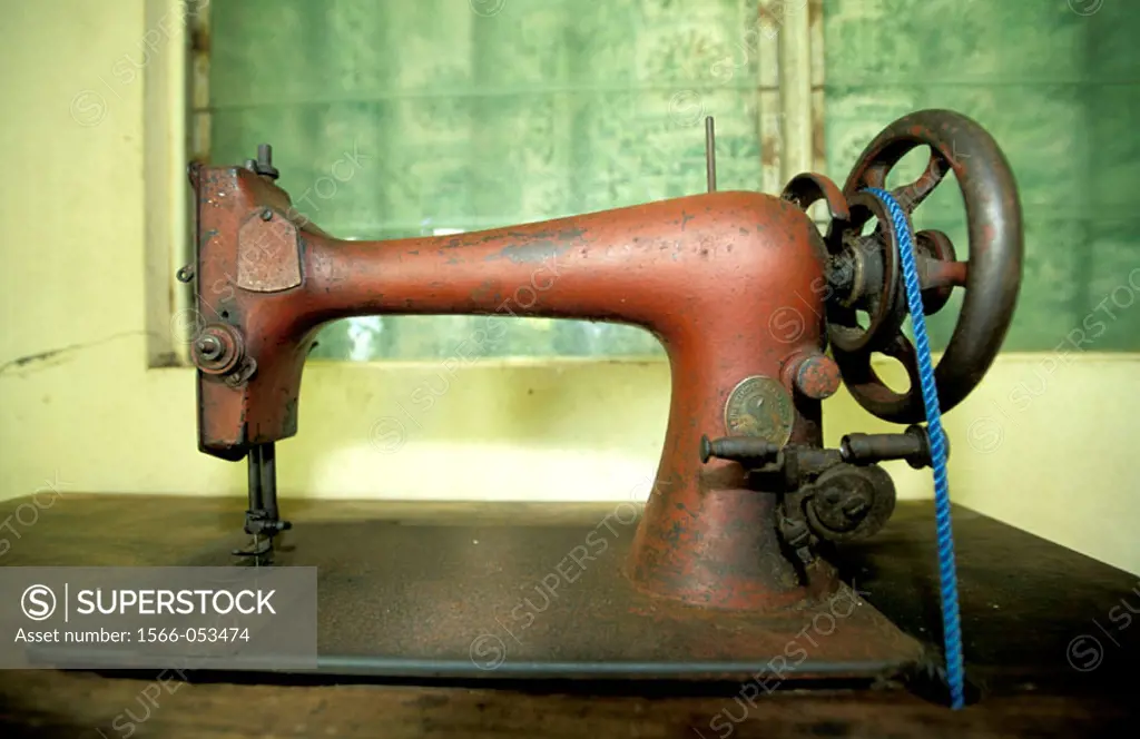 Old sewing machine belonging to Paul Gauguin and his Polynesian woman. Hiva Oa. Marquesas Islands. French Polynesia