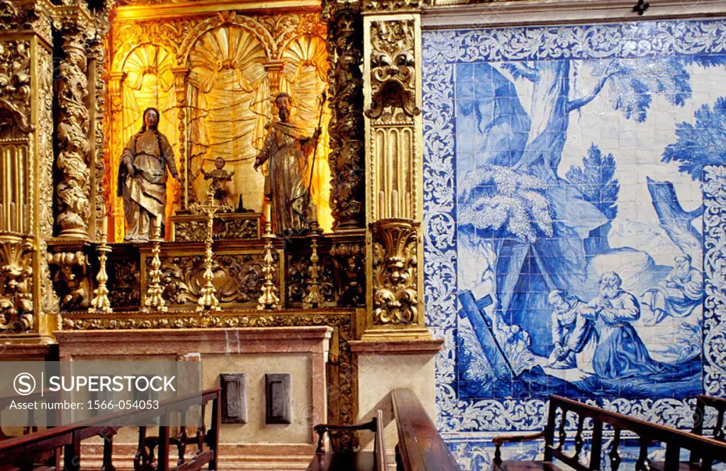Tiles and baroque altar. Madre de Deus convent. Lisbon. Portugal