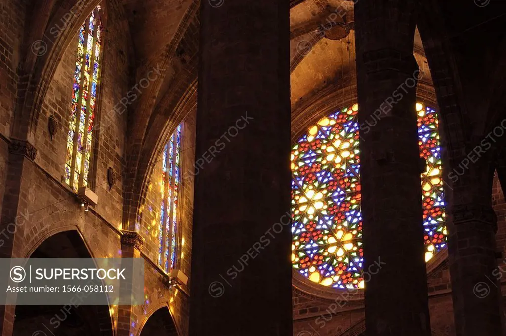 Rose window at Gothic cathedral. Palma de Mallorca. Majorca, Balearic Islands. Spain