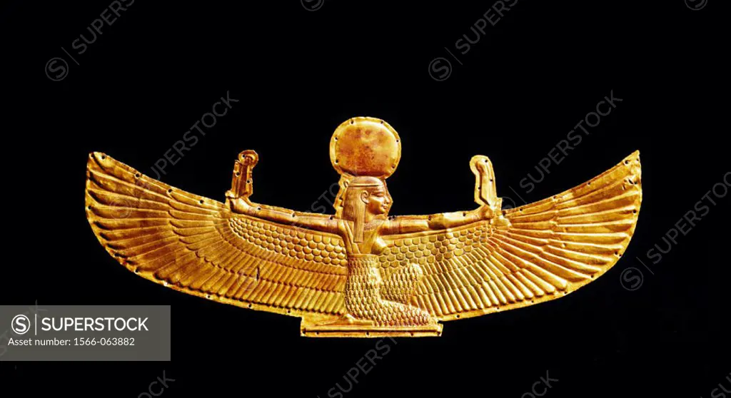 Isis with wings and ´Ma´at´ (personification of truth, justice, and the cosmic order) feather in hand. Egyptian Museum. Egypt