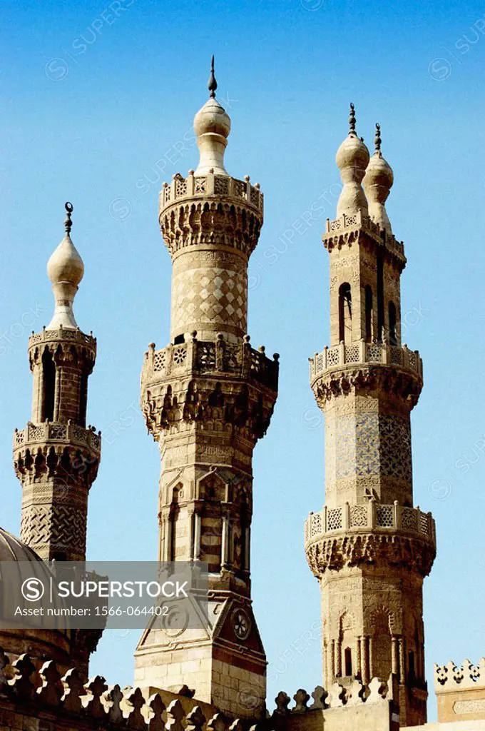 Al-Azhar Mosque, the oldest University in the world (972 AD) minarets. Cairo. Egypt