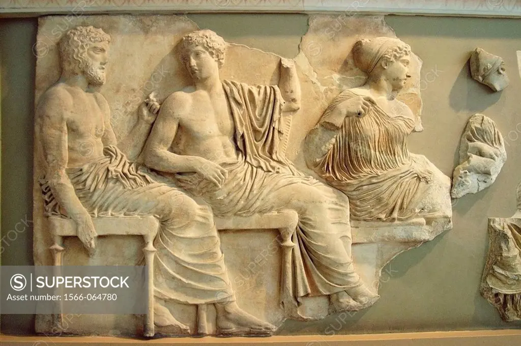 Poseidon, Apollo and Athena, Parthenon pediment sculptures at Acropolis Museum. Athens. Greece