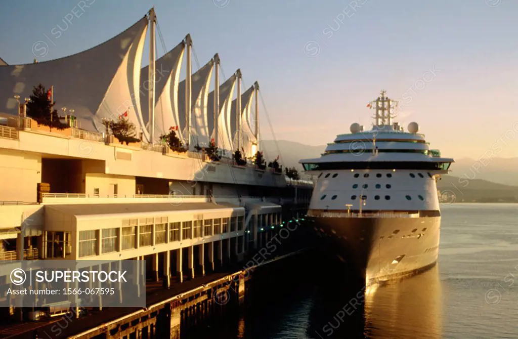 Canada place with cruise ship moored at the cruise ship terminal. Vancouver. British Columbia. Canada.